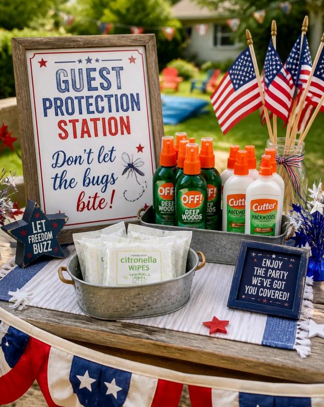 Guest Protection Station with mosquito spray, wipes, and patriotic 4th of July decor