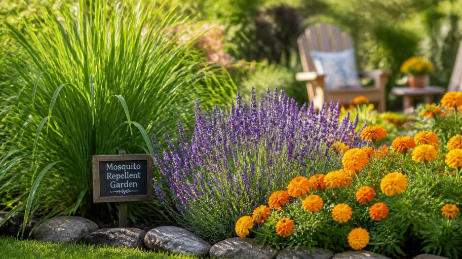 Mosquito repellent garden with citronella grass, lavender, and marigolds