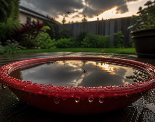 Rainwater pooled in a plant saucer in a Texas backyard with mosquitoes hovering above the surface at dusk