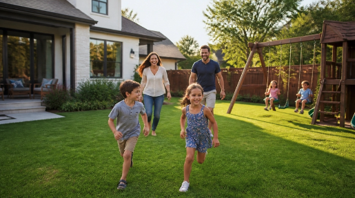Family with two children playing on the lawn of a protected Texas backyard with a swing set