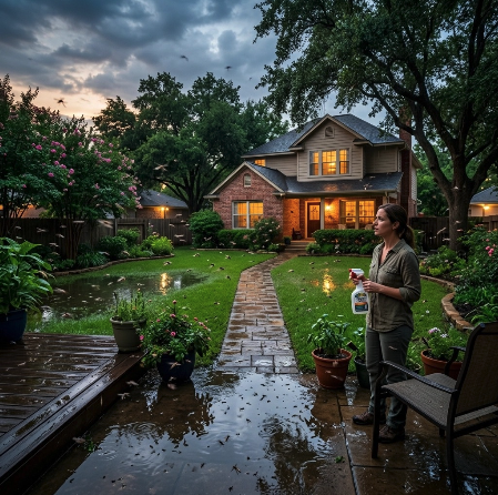 Texas homeowner spraying mosquitoes in a backyard after heavy rain at dusk